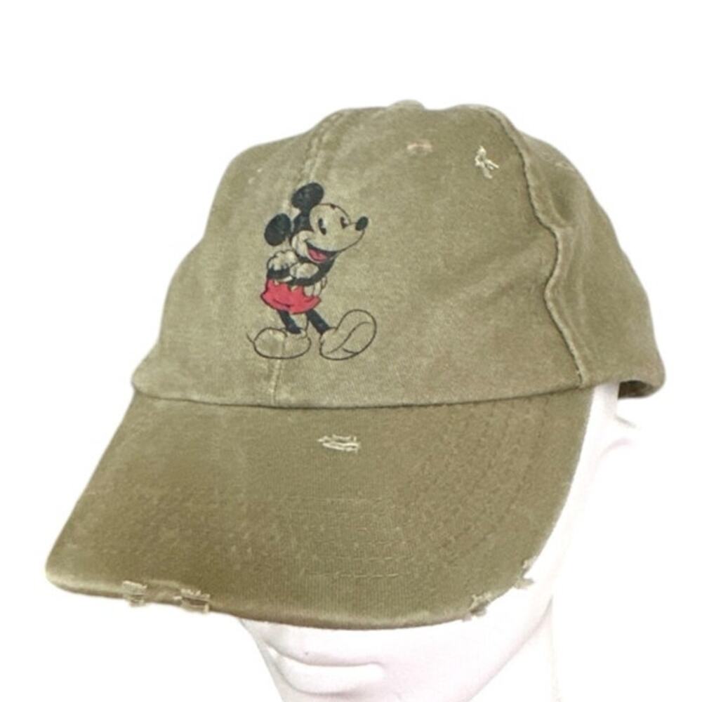 Disney Mickey Mouse Baseball Cap Unisex OS Olive Green Distressed Dad Hat Retro
